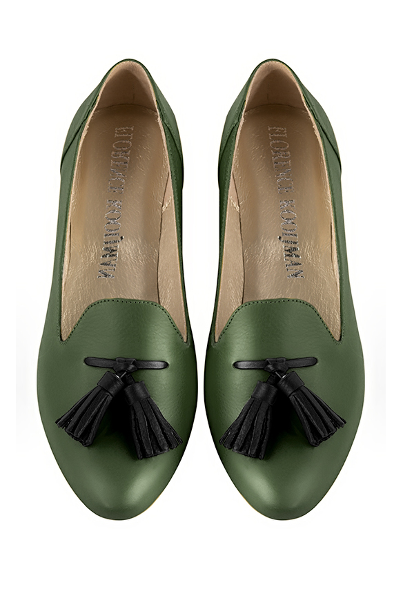 Forest green and satin black women's loafers with pompons. Round toe. Flat leather soles. Top view - Florence KOOIJMAN